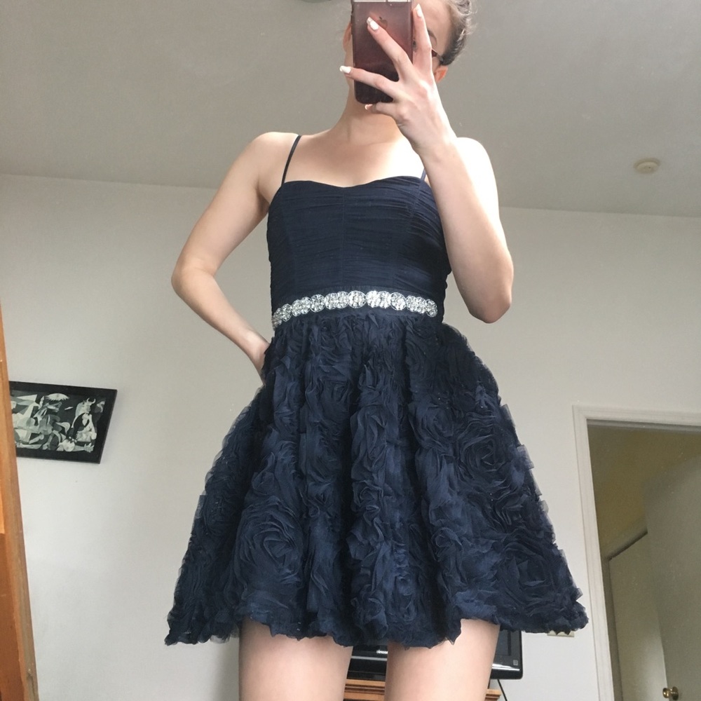 Navy Blue beaded belt and flower ruffle dress